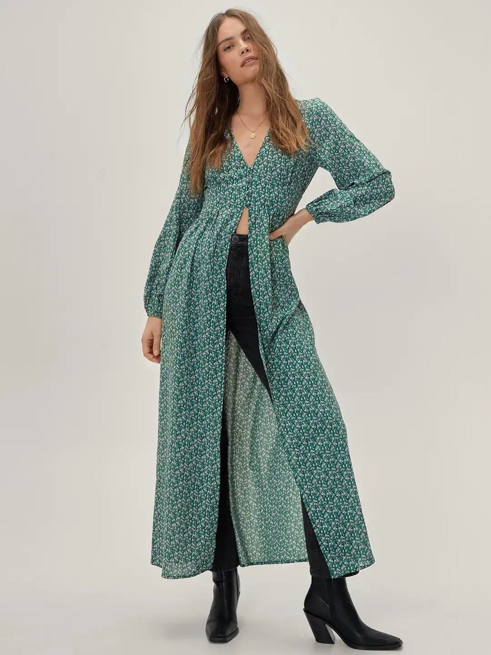 Nasty Gal Green Floral Long Sleeve Maxi Top